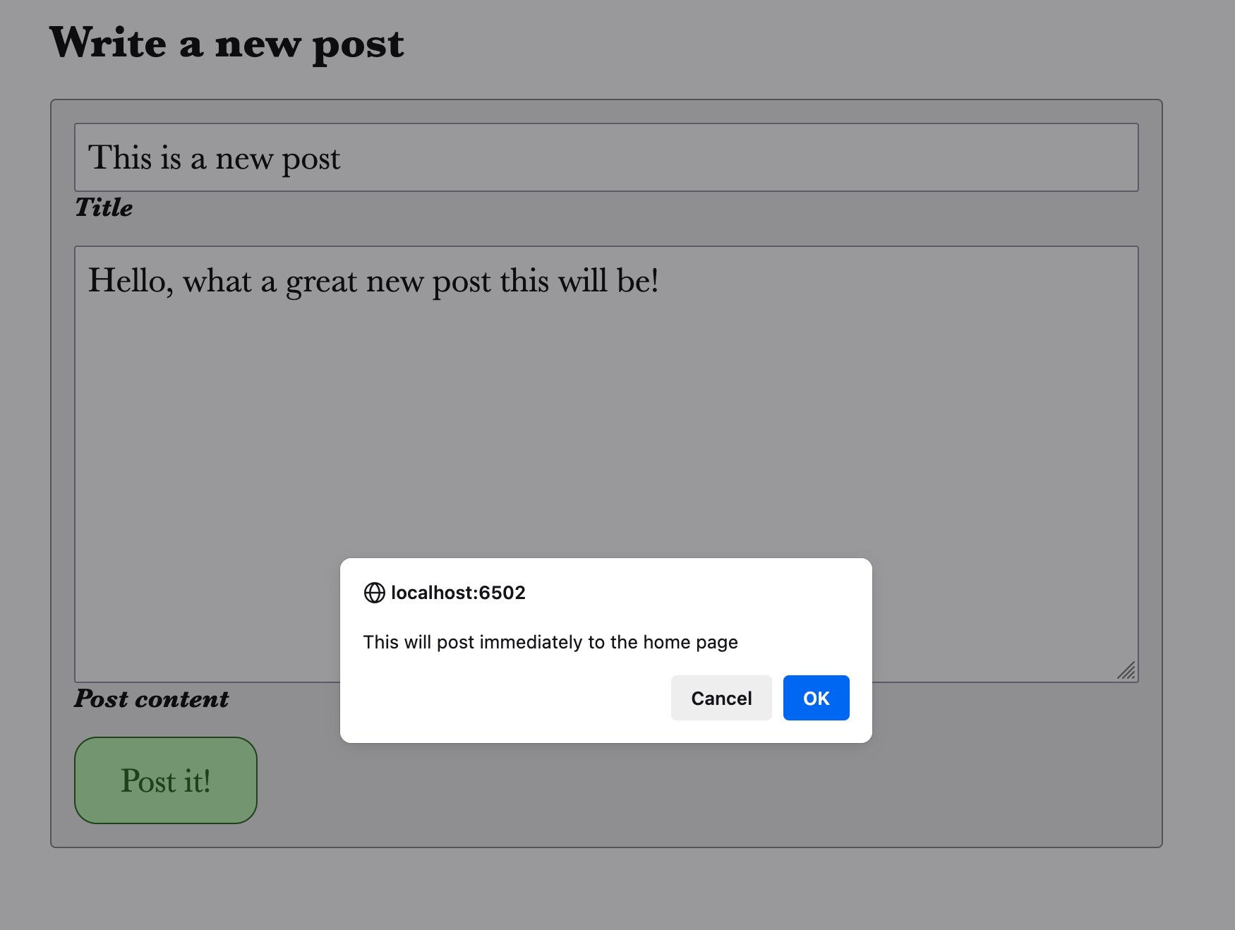 Screenshot showing the browser's builtin confirmation dialog