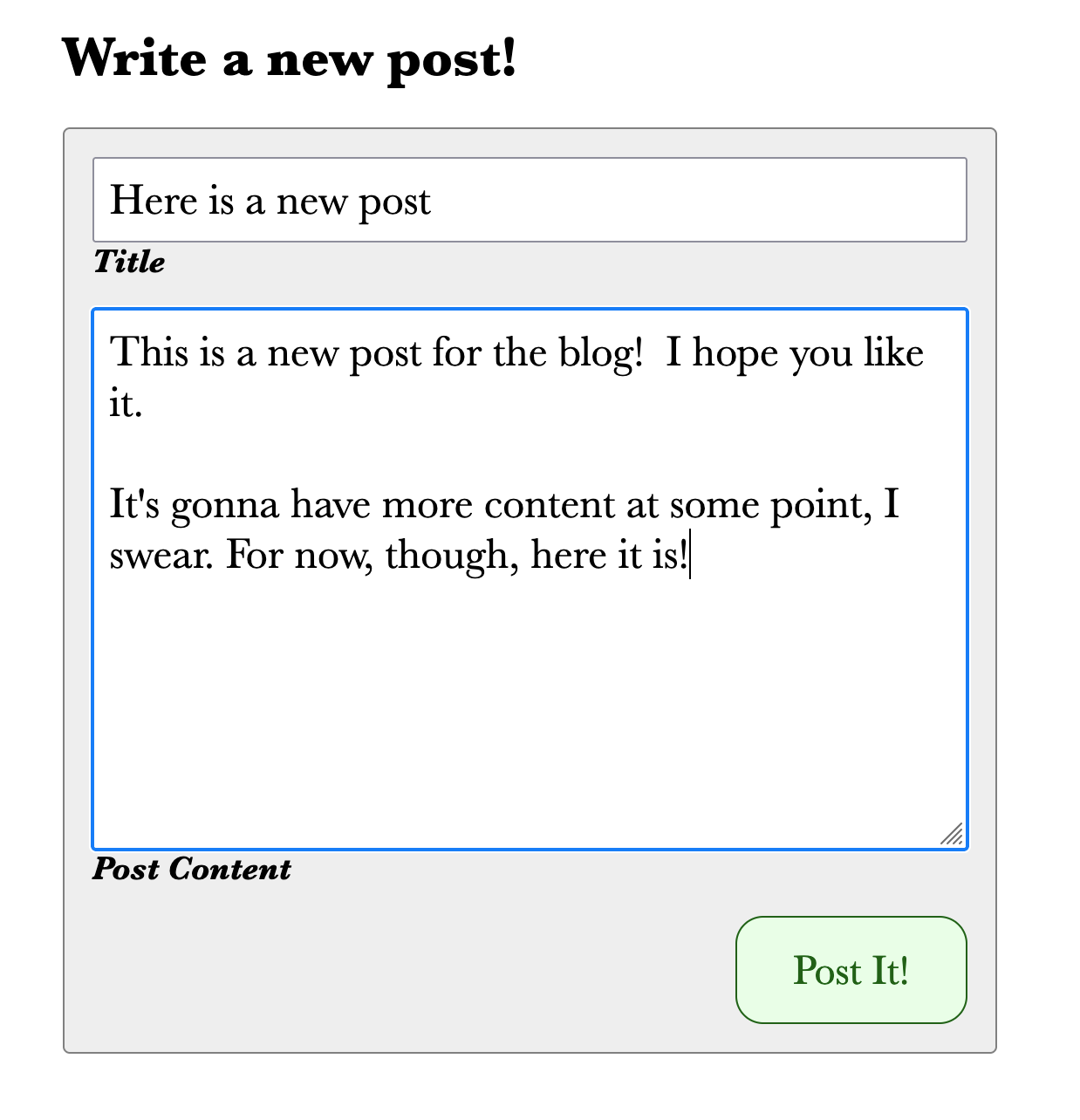Screenshot of the blog post editor, with a new post filled in
