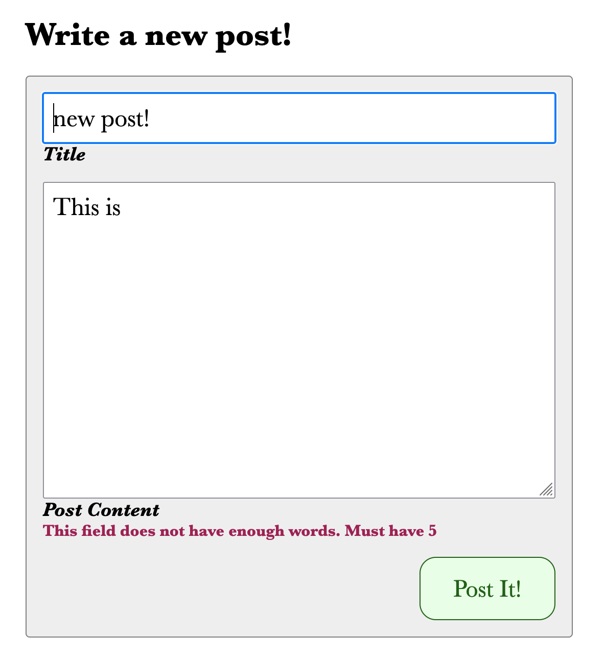 screenshot of the styled form with server-generated constraint violations