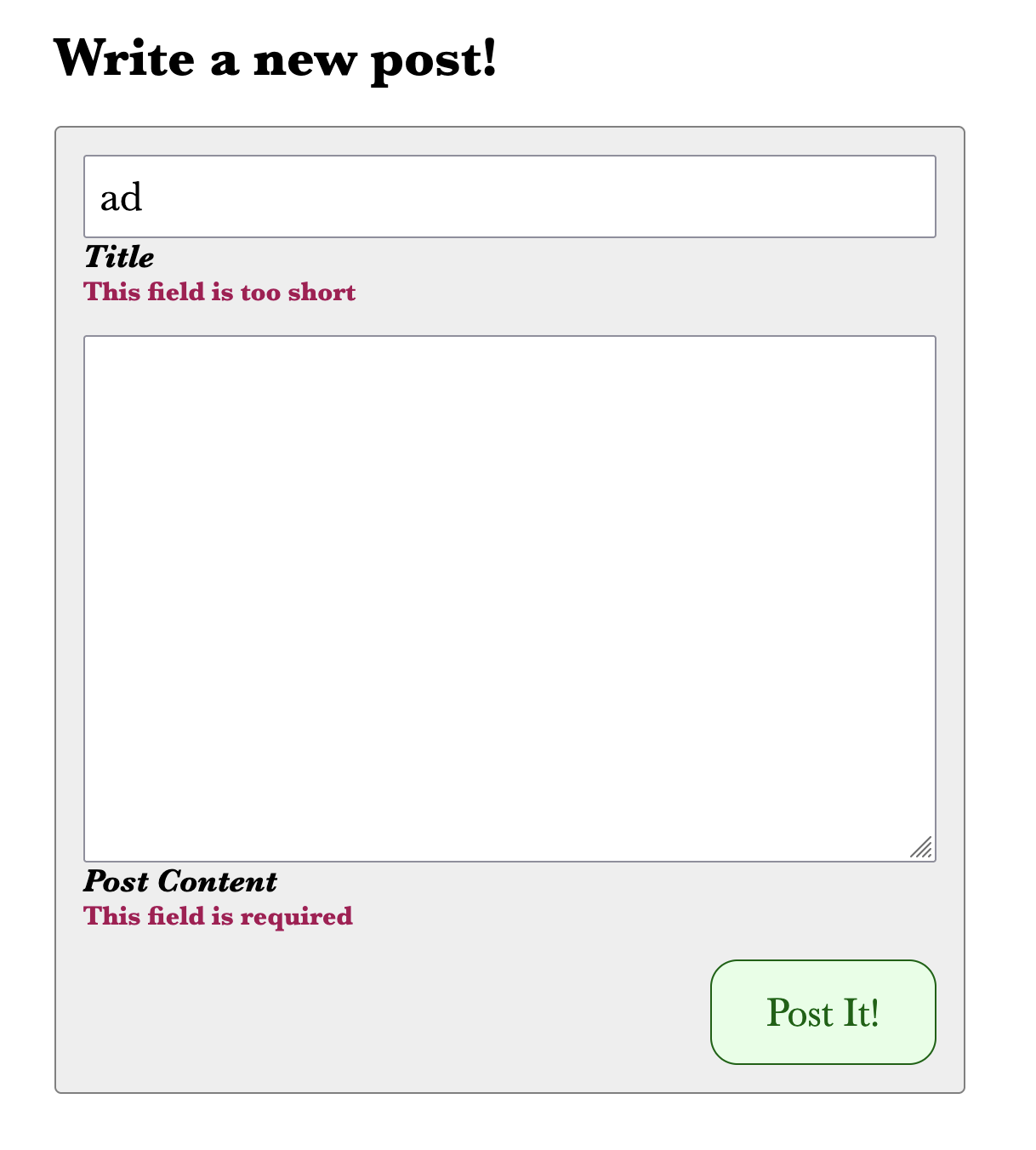 screenshot of the styled form with constraint violations